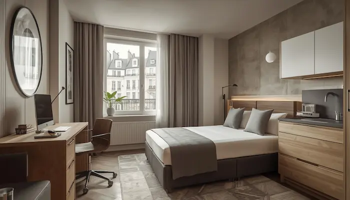 Studio étudiant CROUS haut de gamme à Paris avec espace optimisé, décoration moderne et vue sur les toits parisiens