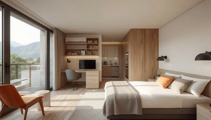 Intérieur d’un studio étudiant moderne et lumineux dans une résidence étudiante à Chambéry, avec vue alpine discrète et mobilier fonctionnel.