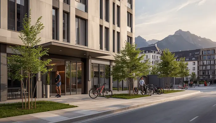 Extérieur d’une résidence étudiante moderne à Grenoble avec façade contemporaine, entrée sécurisée et vue sur un environnement urbain.