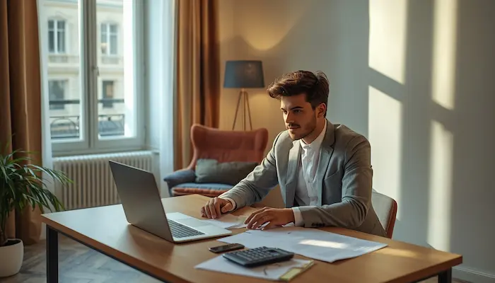 Étudiant boursier dans un studio moderne à [ville], avec dossier d’aide au logement et simulation du montant 2026.