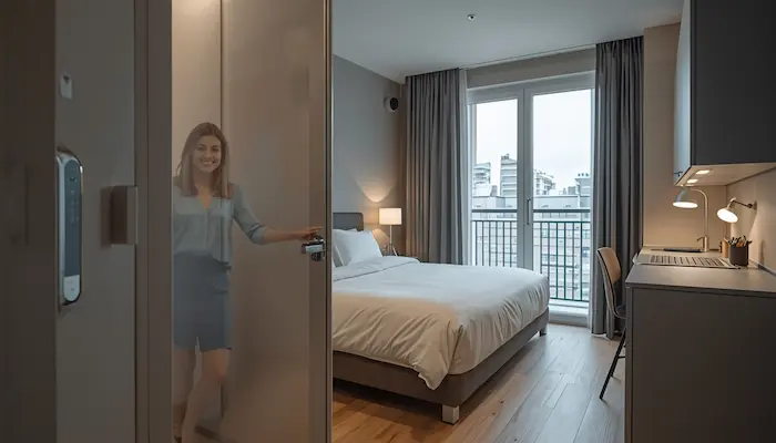 Une photographie intérieure lumineuse et moderne capturant l'intérieur optimisé d'un studio étudiant meublé et intelligent en 2026, similaire à ceux de residenceetudiante.fr.