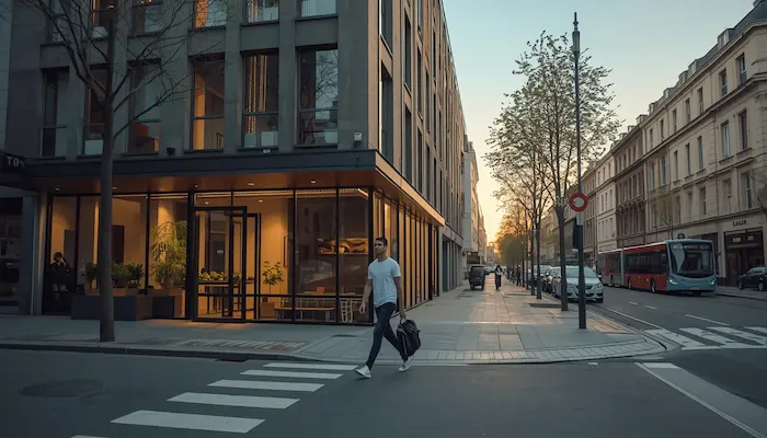 Étudiant boursier devant une résidence étudiante à [ville], dans un cadre urbain réaliste lié à l’aide au logement 2026.