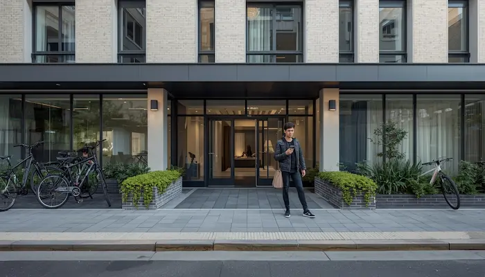 Façade d’une résidence étudiante moderne en centre-ville avec un étudiant regardant son téléphone, illustration du logement abordable et des aides au logement.