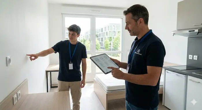 Un jeune étudiant français optimiste et un gestionnaire de propriété professionnel effectuent un état des lieux d'entrée collaboratif en 2026, à l'aide d'une tablette moderne affichant une liste de contrôle d'inventaire sans texte. L'appartement est propre, vide et baigné de lumière naturelle.
