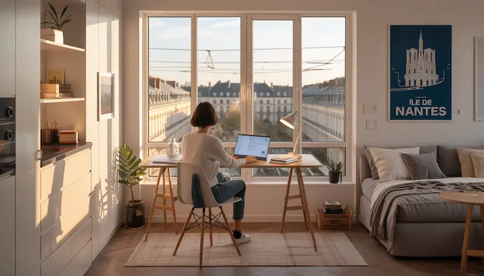 Studio étudiant moderne à Nantes en 2026, intérieur lumineux et optimisé, idéal pour étudiant proche universités et centre-ville