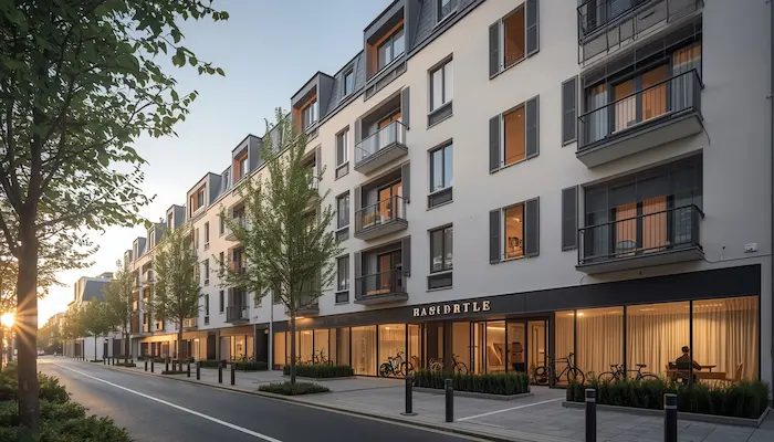 Façade moderne d’une résidence étudiante à Poitiers, avec architecture élégante, environnement urbain calme et cadre idéal pour la vie étudiante.