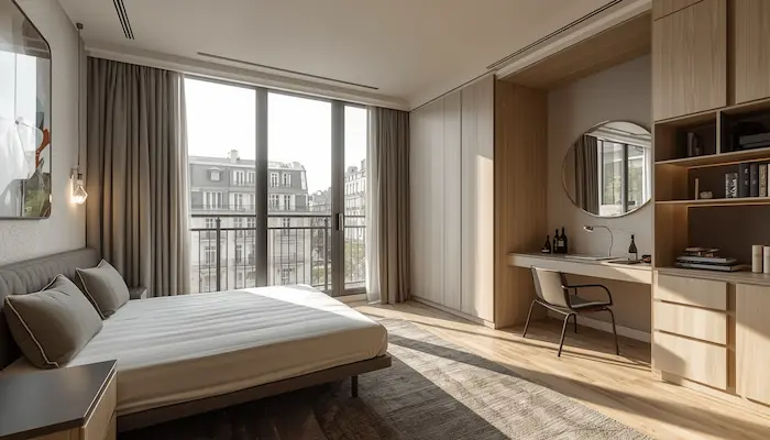Intérieur d’une résidence étudiante à Paris avec chambre meublée, bureau, lumière naturelle et ambiance moderne haut de gamme.