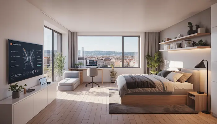 Studio étudiant haut de gamme en résidence LMNP à Lyon Confluence, intérieur moderne optimisé pour investissement locatif et revente en 2026