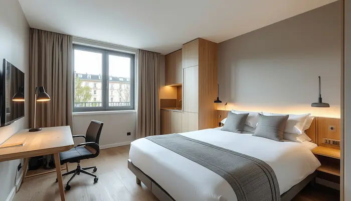 Intérieur d’une résidence étudiante moderne à Lille avec studio meublé, lumière naturelle, bureau, lit, rangements et décoration sobre.