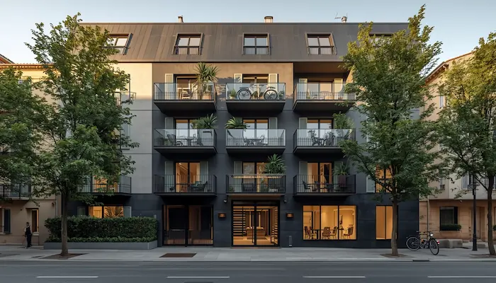 Façade extérieure d’une résidence étudiante moderne à Aix-en-Provence, avec entrée sécurisée et cadre agréable.
