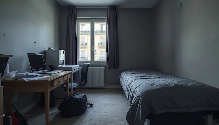 Studio étudiant réaliste à Lyon avec bureau, lit et affaires personnelles, ambiance authentique de la vie étudiante.