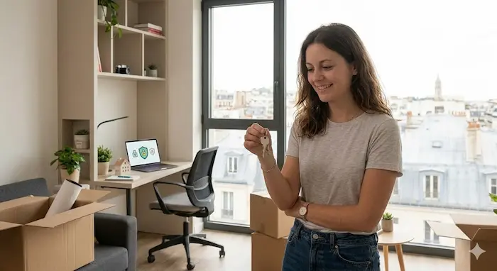 Une étudiante se tient près de la fenêtre de son studio meublé moderne et organisé, tenant ses clés d'appartement et souriant doucement. L'image illustre la sécurité et la protection offertes par le dépôt de garantie, avec des icônes de sécurité stylisées et une vue sur les toits parisiens en arrière-plan.