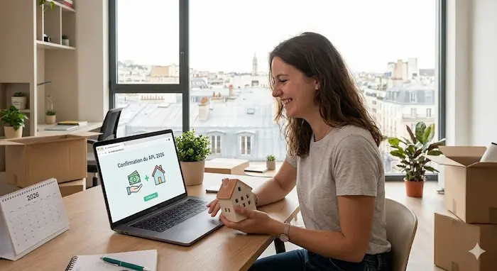 Une étudiante souriante consulte un ordinateur portable affichant la confirmation de son aide financière APL 2026 sur le site residenceetudiante.fr, assise dans son nouvel appartement étudiant lumineux.