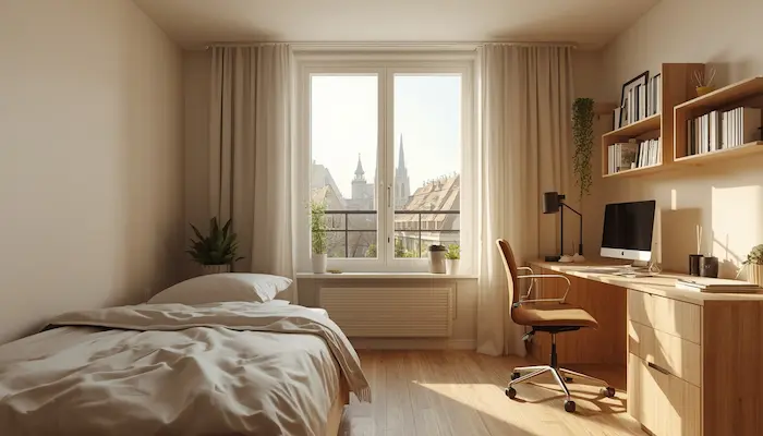 Intérieur d’un studio étudiant lumineux et entièrement meublé à Strasbourg, avec bureau, lit simple, kitchenette compacte et vue sur les toits alsaciens et la cathédrale de Strasbourg.
