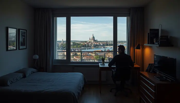 Une vue intérieure d'un studio meublé chaleureux et moderne situé au 15ème étage d'une résidence étudiante à Lyon 2ème, surplombant la ville à travers une grande fenêtre panoramique.