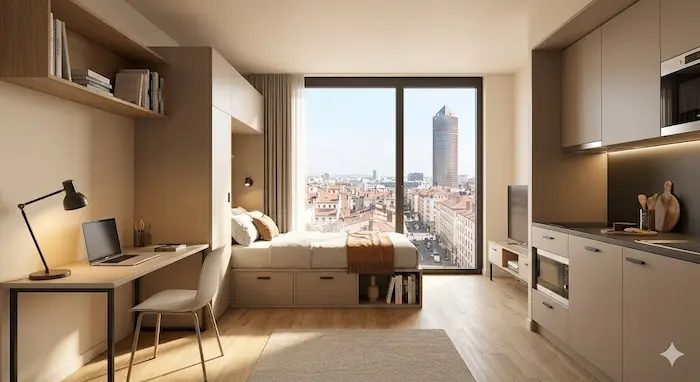 Une vue intérieure d'un studio meublé chaleureux et moderne situé au 15ème étage d'une résidence étudiante à Lyon 3ème, surplombant la ville à travers une grande fenêtre panoramique. Le studio est bien éclairé et équipé de meubles contemporains, y compris un lit simple fait, un bureau avec une lampe et des livres (sans titres lisibles), et une petite kitchenette. L'élément central est la vue extérieure par la fenêtre : la Tour Part-Dieu skyscraper (sans texte) et les toits de Lyon 3ème sous un ciel clair.