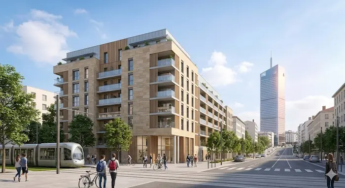 Une photographie extérieure ensoleillée d'une nouvelle résidence étudiante contemporaine à Lyon 3ème, située à proximité de la Tour Incity (visible en arrière-plan)