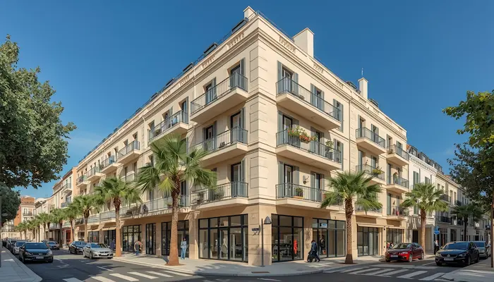 Façade moderne d’une résidence étudiante à Toulon, avec balcon, palmiers et ambiance méditerranéenne proche du centre-ville.