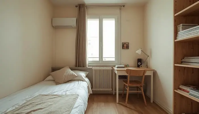 Intérieur réaliste d’un studio étudiant à Marseille avec bureau, lit, kitchenette et lumière naturelle, ambiance simple et fonctionnelle