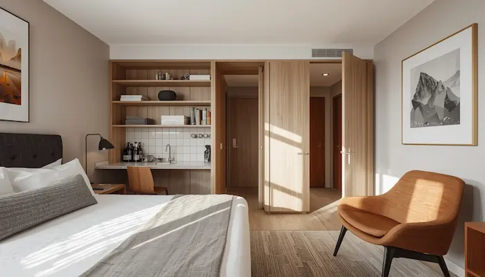 Intérieur d’une résidence étudiante meublée à Poitiers, avec chambre moderne, bureau, rangements et lumière naturelle, pensée pour la rentrée 2026.
