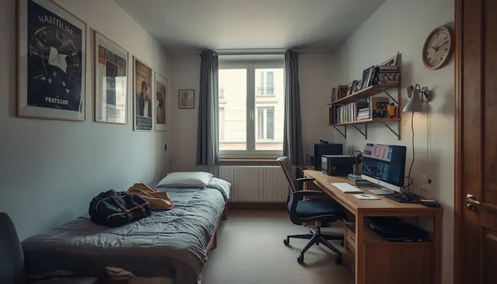 Intérieur d’un studio étudiant à Nantes avec bureau, lit simple et ambiance de vie étudiante authentique