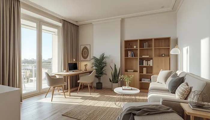 Studio étudiant moderne à Marseille, intérieur lumineux avec bureau, lit compact, rangements optimisés et décoration haut de gamme dans une ambiance méditerranéenne.