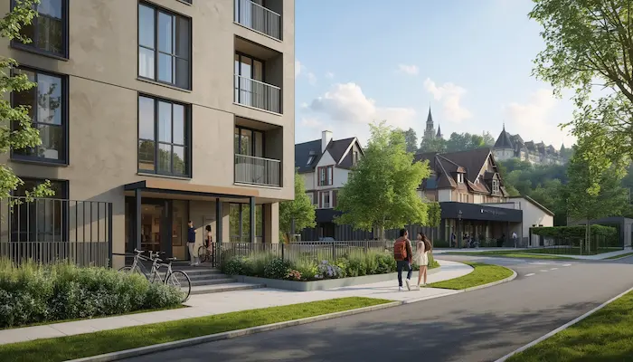 Vue extérieure d’une résidence étudiante contemporaine à Angers, avec des étudiants circulant à vélo et le château d’Angers visible en arrière-plan.