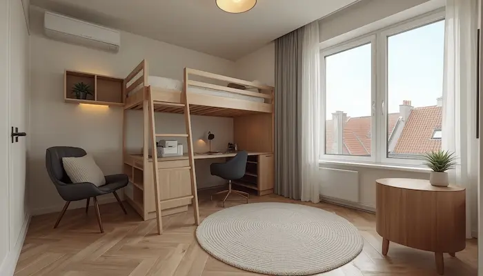 Intérieur d’un studio étudiant moderne et lumineux à Lille, avec bureau, lit, kitchenette et vue sur les toits de la ville.