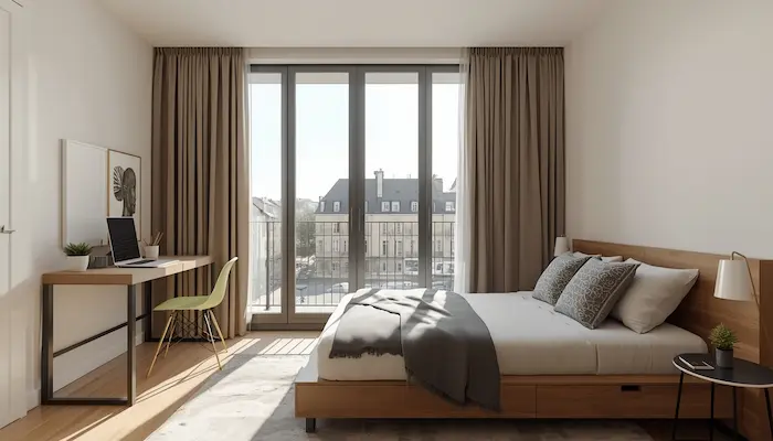 Studio étudiant moderne à Lyon avec bureau, lit optimisé et vue sur les toits de la ville dans un appartement lumineux et meublé