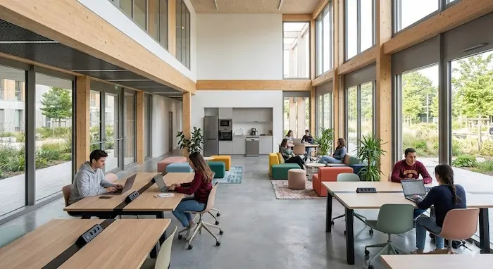 Vue intérieure lumineuse et aérée d'un grand espace commun multifonctionnel au sein de la résidence étudiante Belle Beille à Angers, avec des zones de co-working, des salons confortables et des étudiants travaillant et se relaxant près de grandes baies vitrées donnant sur l'extérieur.