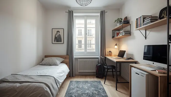 Intérieur d’un appartement étudiant à Lyon avec bureau, lit, lumière naturelle et ambiance moderne, idéal pour la rentrée 2026.