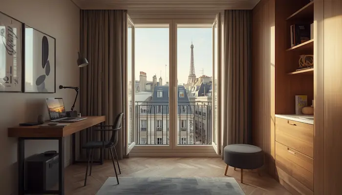 Intérieur d’un studio étudiant moderne à Paris avec vue sur les immeubles haussmanniens et la Tour Eiffel.