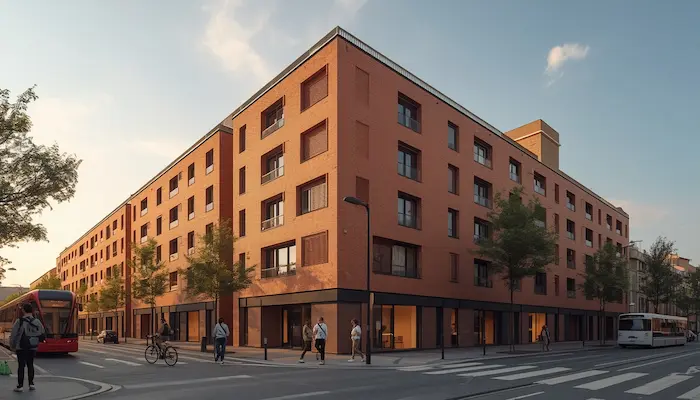 Résidence étudiante moderne à Toulouse avec façade contemporaine, lumière du Sud et ambiance urbaine proche des transports