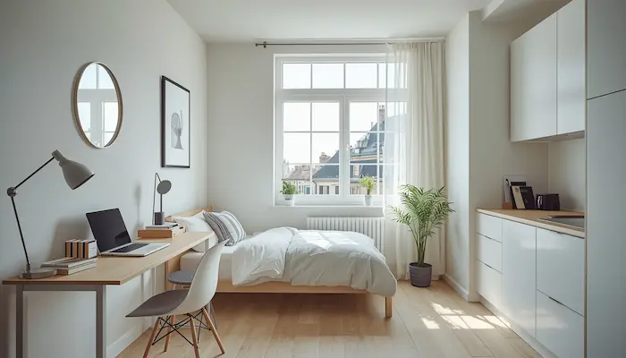 Intérieur d’un studio étudiant moderne et lumineux à Rennes avec bureau, lit et kitchenette fonctionnelle