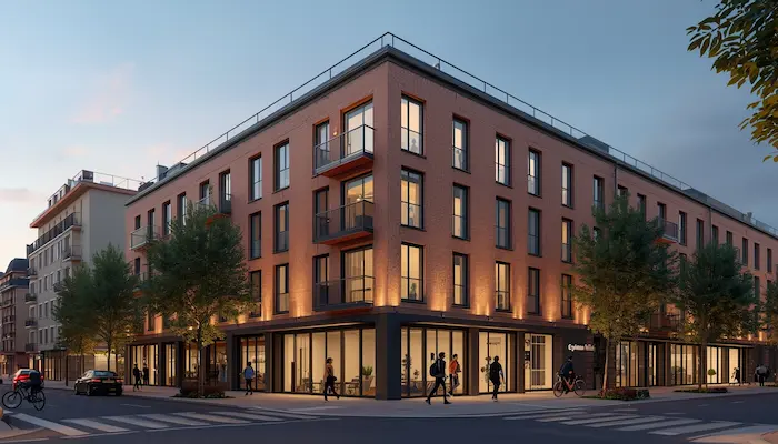 Extérieur d’une résidence étudiante moderne à Toulouse, avec façade contemporaine, briques roses et ambiance urbaine étudiante réaliste.