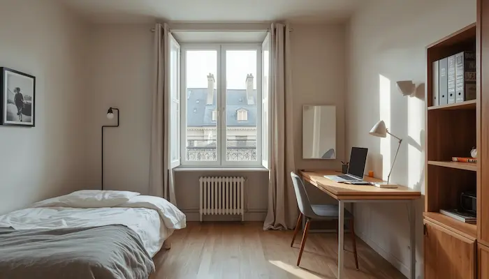 Intérieur d’un studio étudiant lumineux et entièrement meublé avec vue sur les toits de Paris.