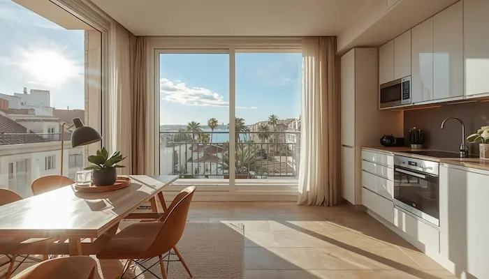 Studio étudiant lumineux à Marseille avec ambiance méditerranéenne et vue urbaine.