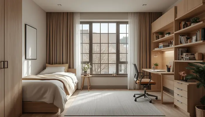 Intérieur d’un studio étudiant lumineux et fonctionnel à Strasbourg, avec bureau, lit et rangements optimisés.