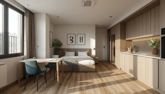 Studio moderne en résidence étudiante à [ville], avec mobilier optimisé, bureau, kitchenette et lumière naturelle, illustrant l’investissement LMNP et le rendement locatif.