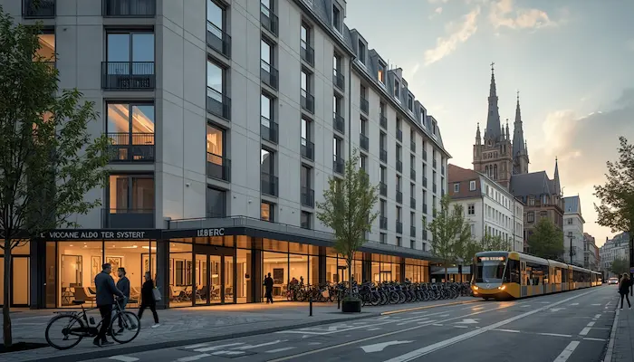 Façade d’une résidence étudiante à Strasbourg avec ambiance urbaine, tram à proximité, architecture contemporaine et rappel discret du centre historique en arrière-plan.