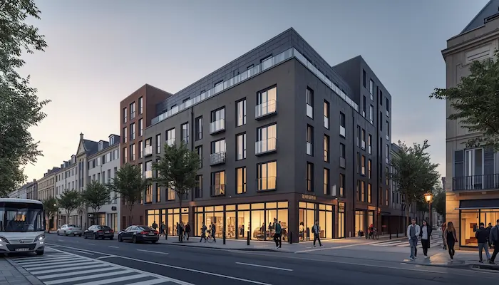 Façade d’une résidence étudiante à [Ville], dans un quartier vivant avec transports, commerces et ambiance urbaine, pour illustrer un guide sur les aides logement étudiant 2026.