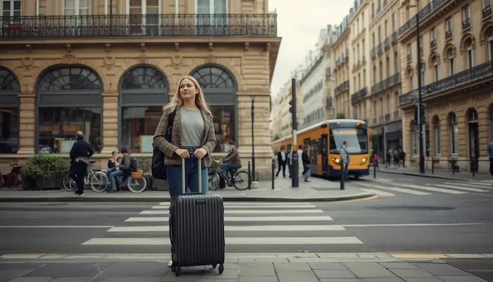 Étudiant étranger avec valise devant une résidence étudiante à [Ville], dans un décor urbain français réaliste et typique de la ville.