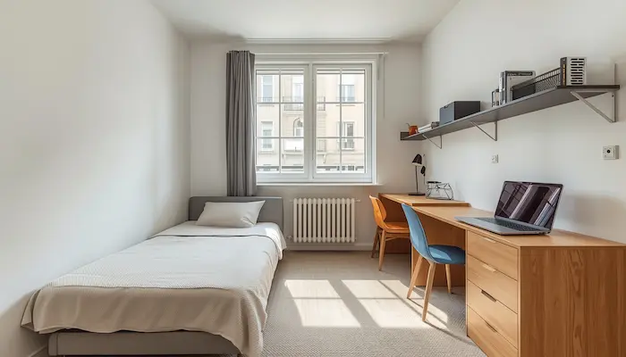 Studio étudiant moderne à Lyon (2026) avec lit, bureau, kitchenette et rangements, idéal pour étudiant en université ou école.