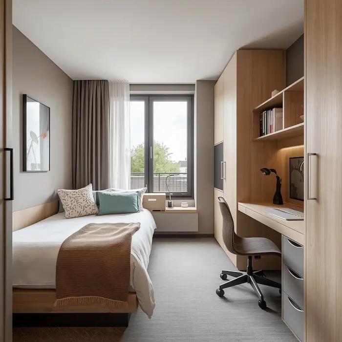 Intérieur lumineux d’une résidence étudiante haut de gamme à Roubaix, avec chambre meublée moderne, bureau fonctionnel, salle d’eau contemporaine et ambiance chaleureuse inspirée du Nord.