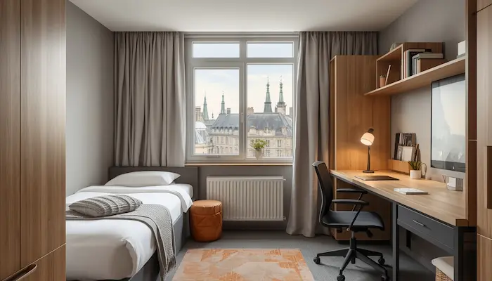 Chambre étudiante Crous à Pau, avec lit, bureau, rangements et lumière naturelle dans une ambiance réaliste et fonctionnelle.