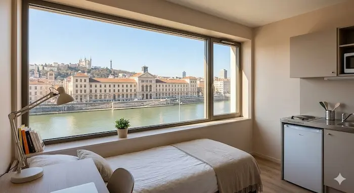 Une vue intérieure d'un studio meublé chaleureux et moderne situé au 7ème étage d'une résidence étudiante à Lyon, surplombant la ville à travers une grande fenêtre panoramique. Le studio est bien éclairé et équipé de meubles contemporains, y compris un lit simple fait, un bureau avec une lampe et des livres (sans titres visibles), et une petite kitchenette. L'élément central est la vue extérieure par la fenêtre : le fleuve Rhône avec les bâtiments de l'Université Lyon 3 (Manufacture des Tabacs complex) et, au loin, la distant Basilique de Fourvière sur sa colline sous un ciel clair. Il n'y a aucun texte sur l'image.