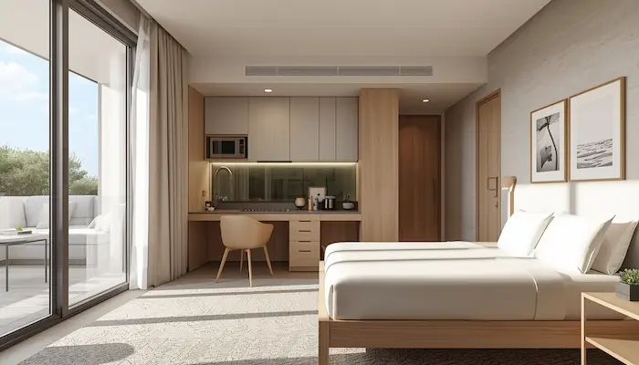 Intérieur d’un studio étudiant moderne à Montpellier avec bureau, lit, rangements intégrés et lumière naturelle, ambiance premium et fonctionnelle.