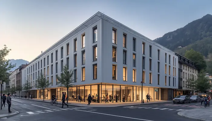 Façade moderne d’une résidence étudiante à Grenoble avec étudiants, tramway et montagnes en arrière-plan