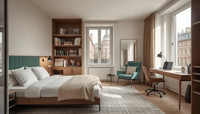 Studio moderne et lumineux dans une résidence étudiante à Toulouse, avec bureau, lit et rangements, ambiance réaliste et haut de gamme.