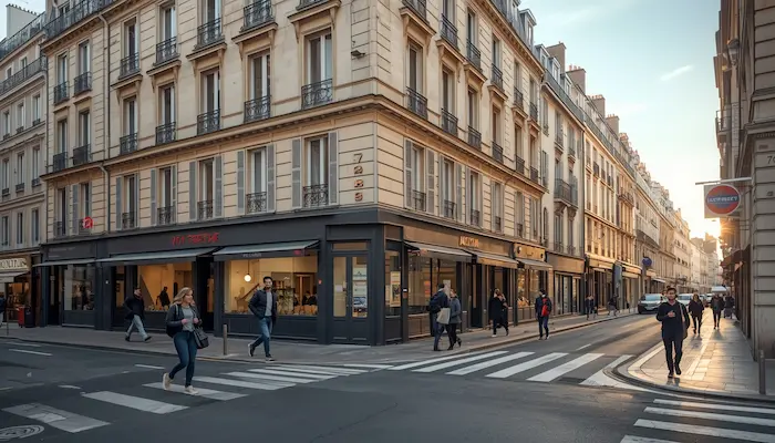 Façade d’un immeuble parisien destiné à un logement étudiant, dans un quartier vivant proche du métro, avec ambiance urbaine réaliste en 2026